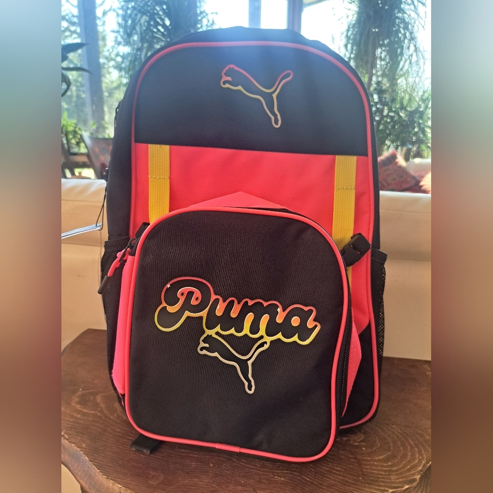 Puma Black and Pink Backpack with Yellow Accents, detachable lunch bag